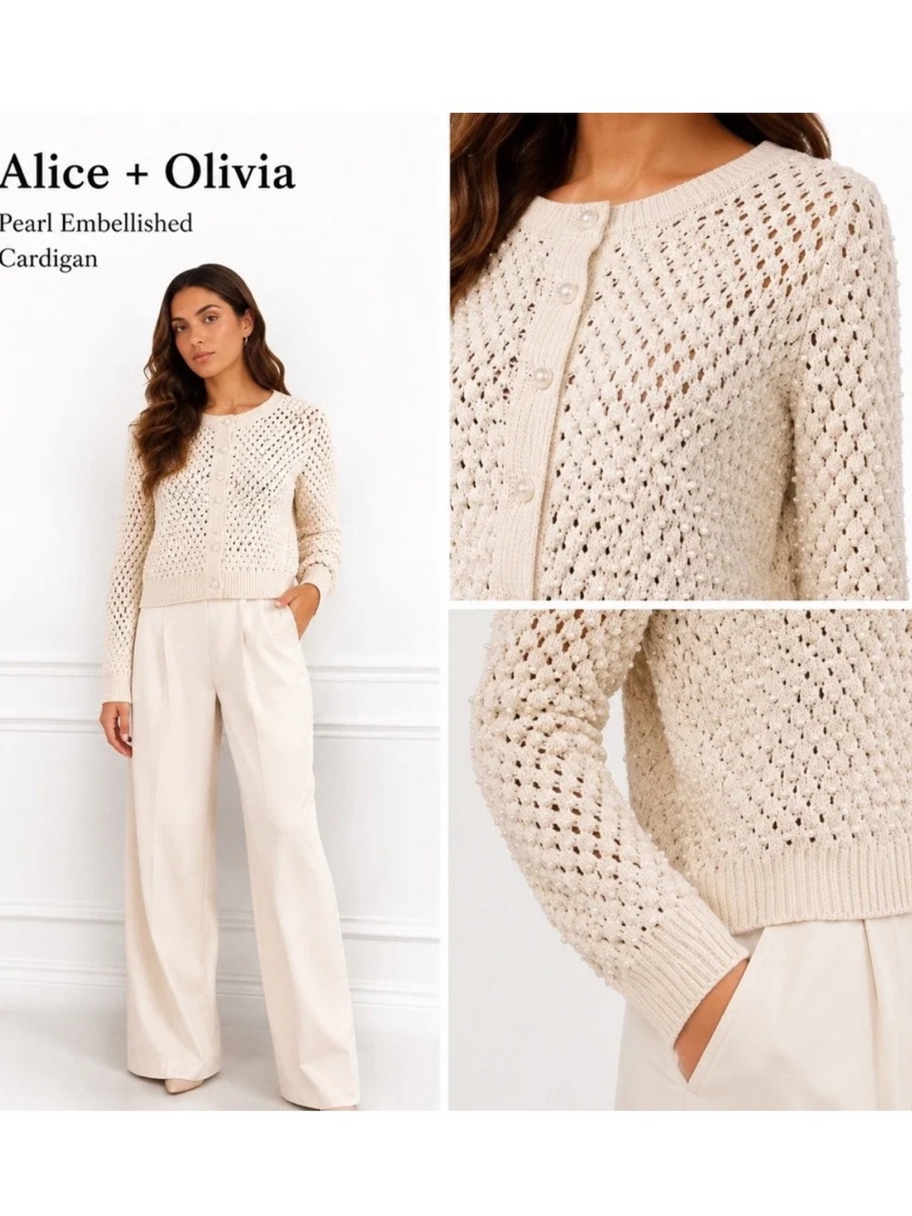 Alice + Olivia Pearl Wool Knit Cream Textured Button-Up Cardigan Sweater, M